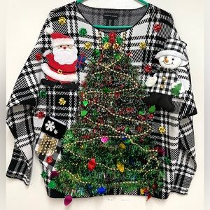 Handmade Decorated Ugly Christmas Tree Sweater Black & White Size L